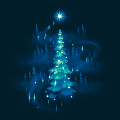 Premium Cotton T-shirt_TeeTurtle Twinkling Christmas Tree navy blue t-shirt featuring an artistic christmas tree with white sparkly lights surrounded by silhouettes of other trees and a star on top.