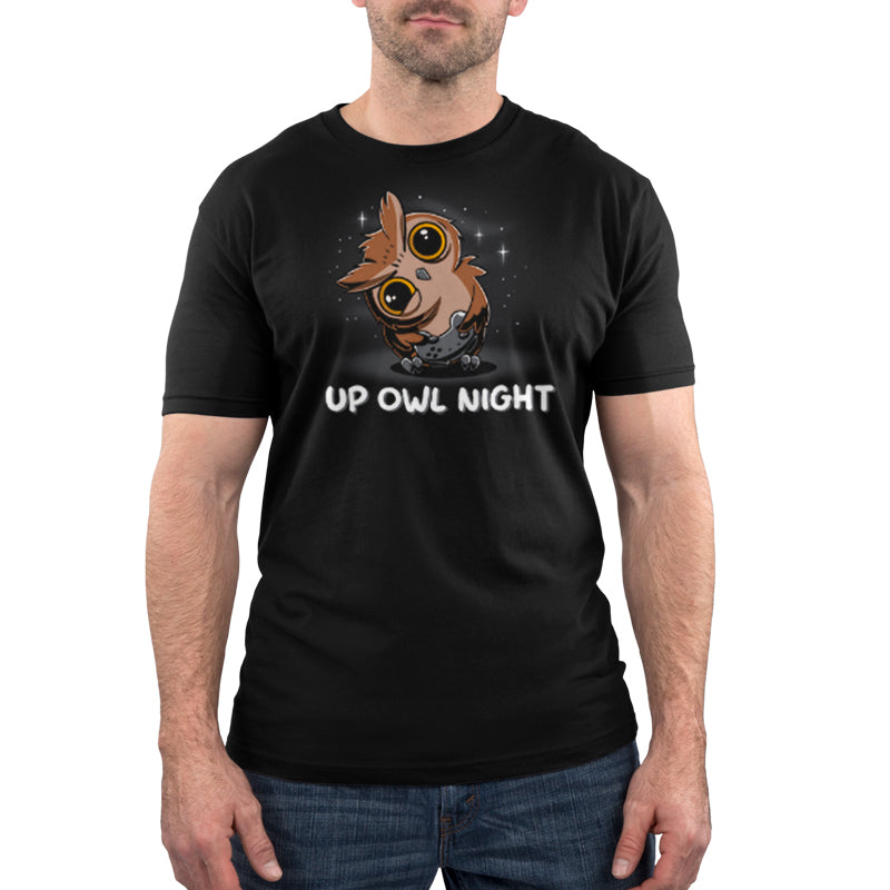 Premium Cotton T-shirt_TeeTurtle Up Owl Night black t-shirt featuring an owl with large eyes holding a video game controller.