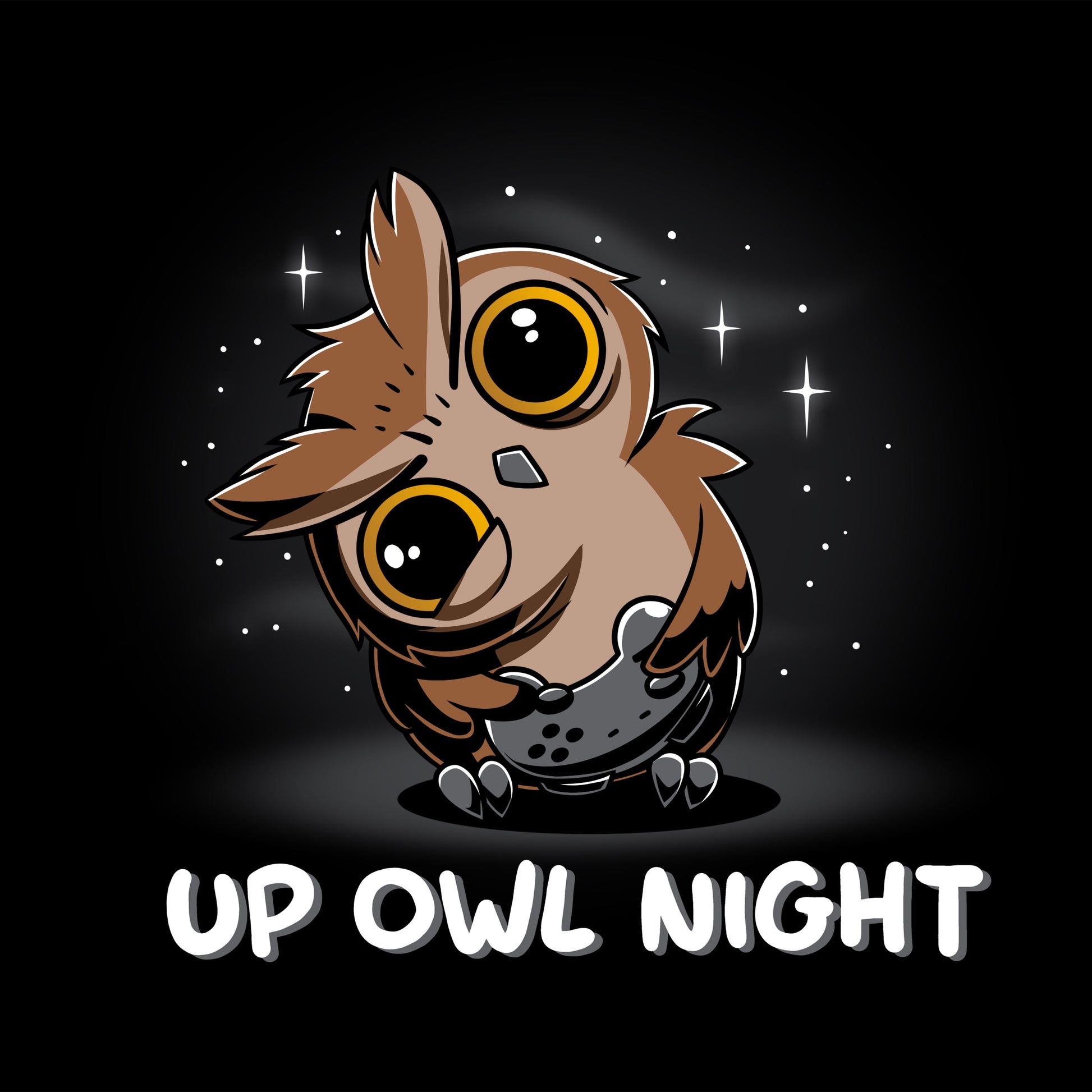 Premium Cotton T-shirt_TeeTurtle Up Owl Night black t-shirt featuring an owl with large eyes holding a video game controller.