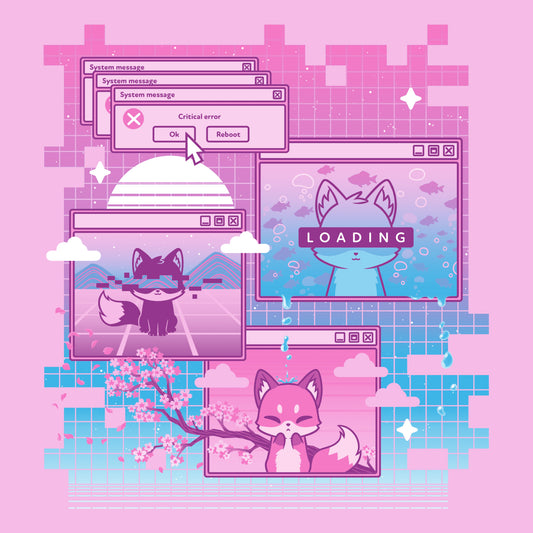 Premium Cotton T-shirt_TeeTurtle Vaporwave Fox light pink t-shirt featuring a video game computer screen of foxes.