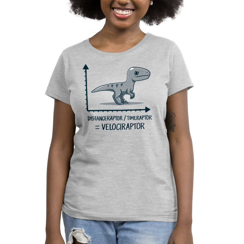 Premium Cotton T-shirt_Teeturtle Velociraptor silver gray t-shirt featuring a velociraptor positioned above a graph with the y-axis labeled 'Distanceraptor' and the x-axis labeled 'Timeraptor,' suggesting the equation 'Distanceraptor / Timeraptor = Velociraptor.'