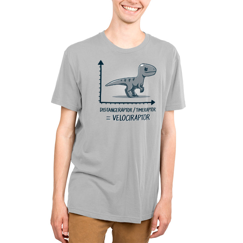 Premium Cotton T-shirt_Teeturtle Velociraptor silver gray t-shirt featuring a velociraptor positioned above a graph with the y-axis labeled 'Distanceraptor' and the x-axis labeled 'Timeraptor,' suggesting the equation 'Distanceraptor / Timeraptor = Velociraptor.'