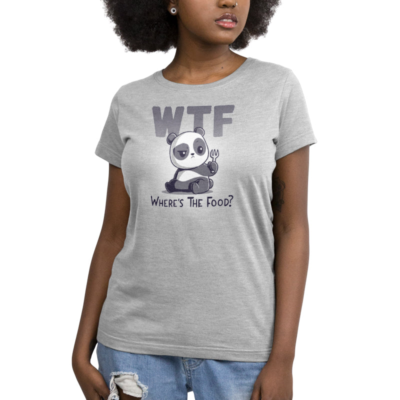 Premium Cotton T-shirt_TeeTurtle WTF silver gray t-shirt featuring a sad panda sitting and holding a food fork looking confused, with the text "WTF" in large letters above, and the explanation "Where's The Food?" in smaller letters below the panda. 