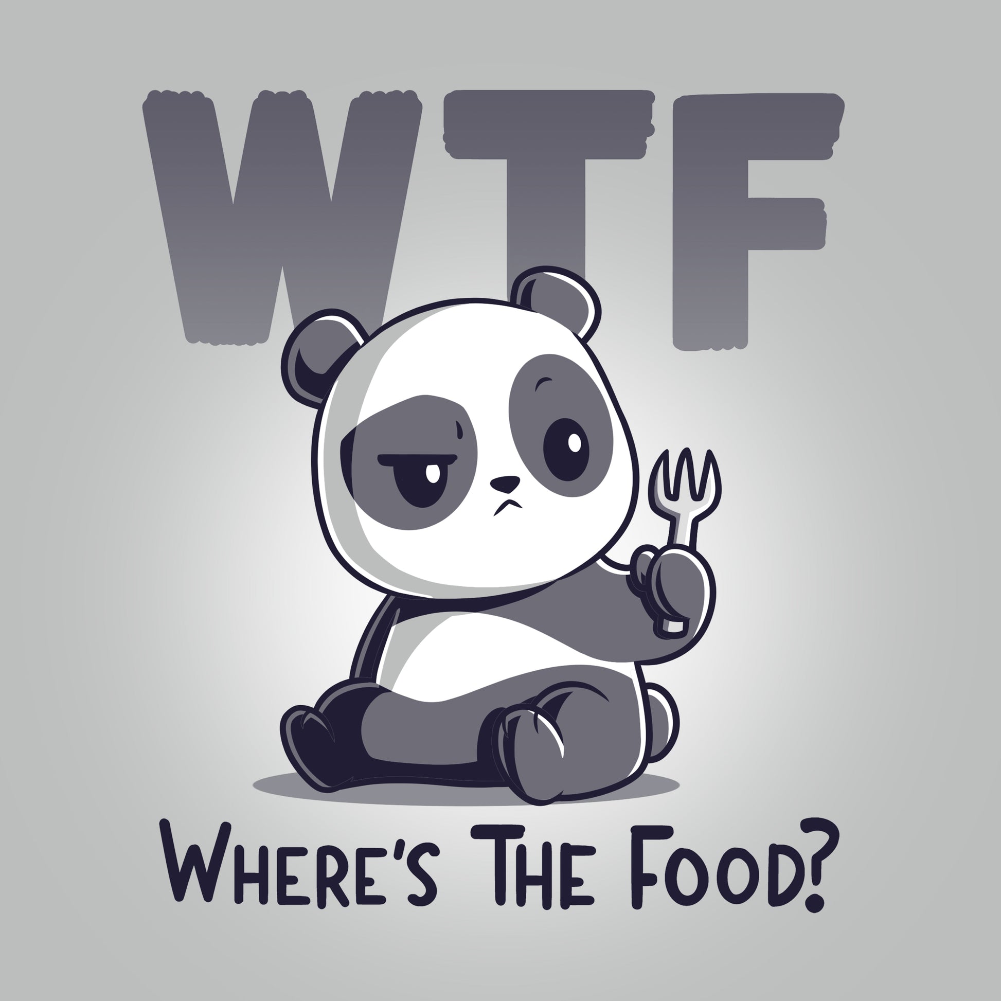 Premium Cotton T-shirt_TeeTurtle WTF silver gray t-shirt featuring a sad panda sitting and holding a food fork looking confused, with the text "WTF" in large letters above, and the explanation "Where's The Food?" in smaller letters below the panda. 