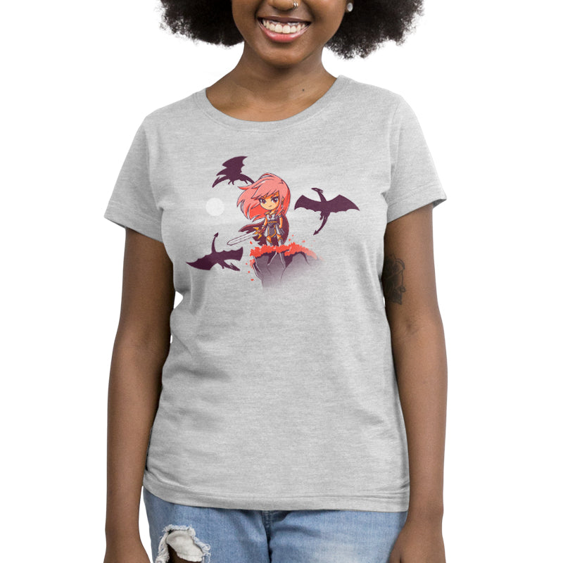 Premium Cotton T-shirt_TeeTurtle Warrior Princess Silver Gray t-shirt featuring an illustration of a pink-haired warrior princess in armor standing on a cliff with a sword, surrounded by flying dragons under a moonlit sky.