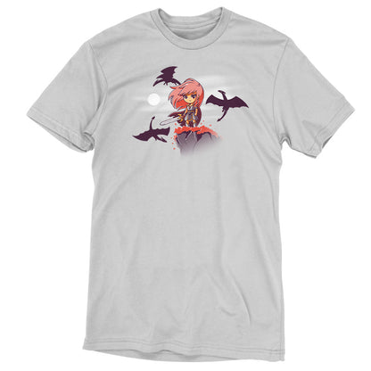 Premium Cotton T-shirt_TeeTurtle Warrior Princess Silver Gray t-shirt featuring an illustration of a pink-haired warrior princess in armor standing on a cliff with a sword, surrounded by flying dragons under a moonlit sky.