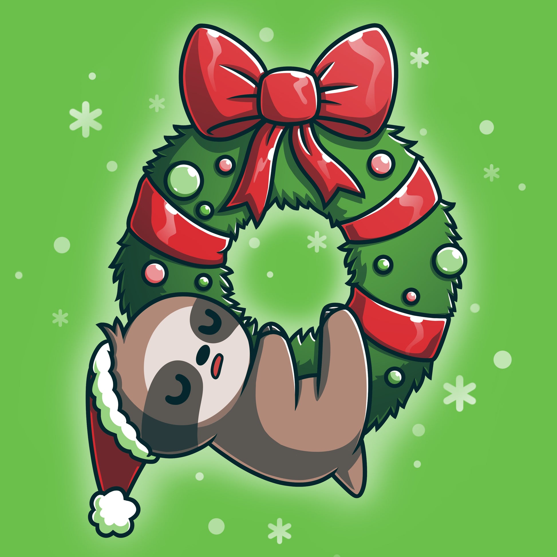 Premium Cotton T-shirt_TeeTurtle We Wish You a Lazy Christmas apple green t-shirt featuring a cartoon sloth in a Santa hat, snoozing while hanging from a festive wreath adorned with red ribbons and ornaments. 