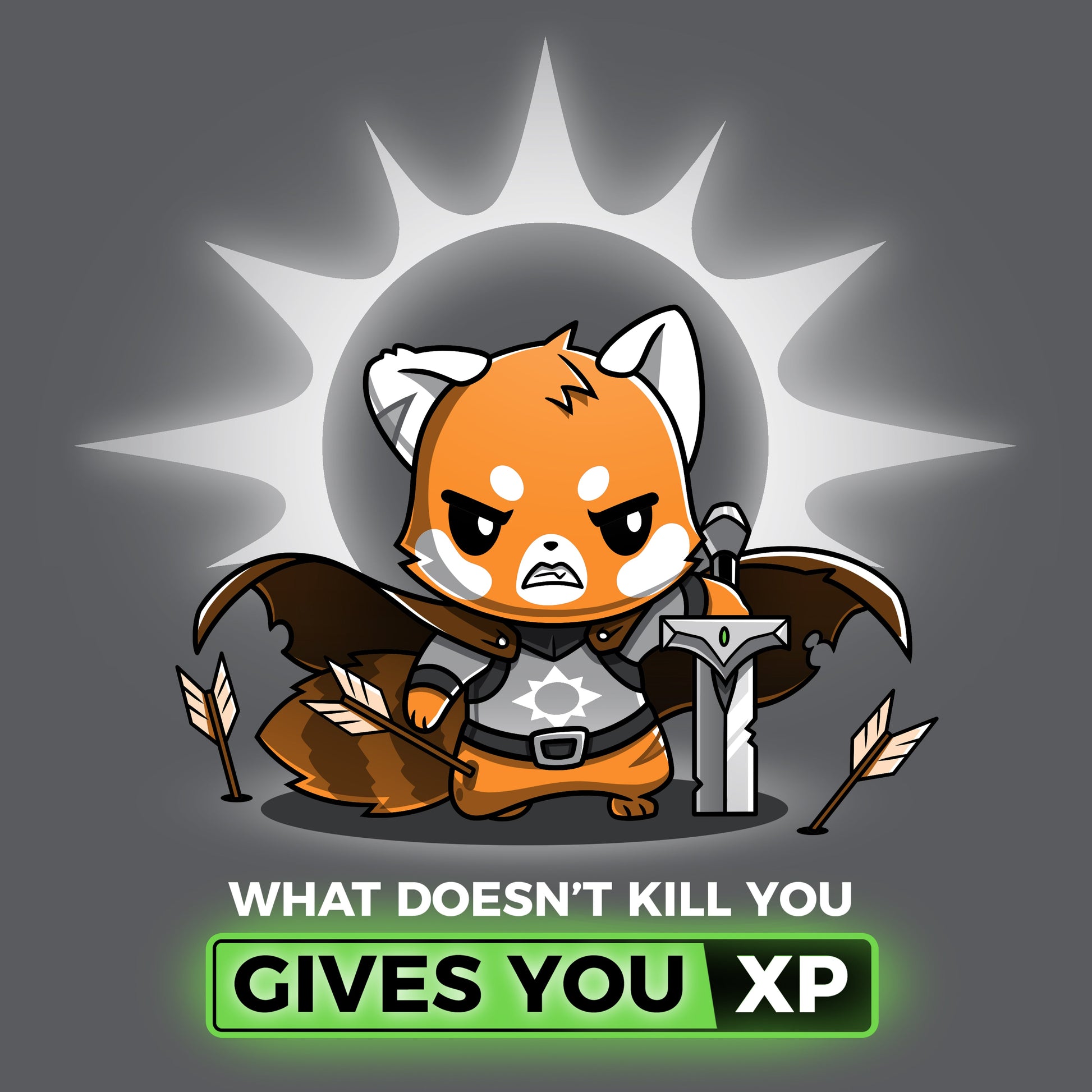 Premium Cotton T-shirt_TeeTurtle What Doesn't Kill You Gives You XP (Paladin) charcoal gray t-shirt featuring a cartoon red panda warrior holding a sword, surrounded by arrows with a serious expression.