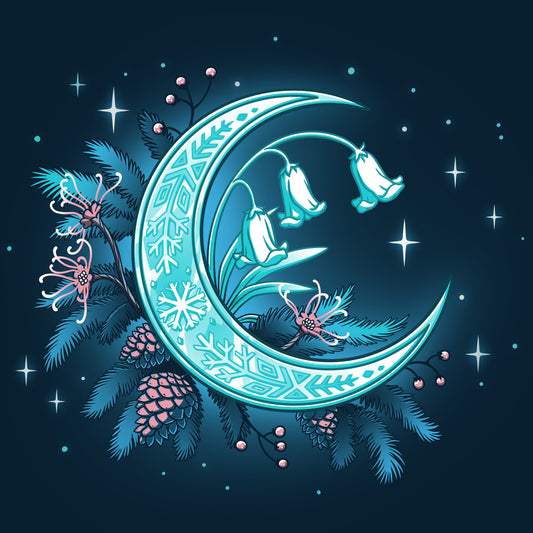 Premium Cotton T-shirt_TeeTurtle Winter Moon navy blue t-shirt featuring a magical glowing crescent moon adorned with floral patterns, bell flowers, pine cones, and evergreen branches against a dark celestial background. 