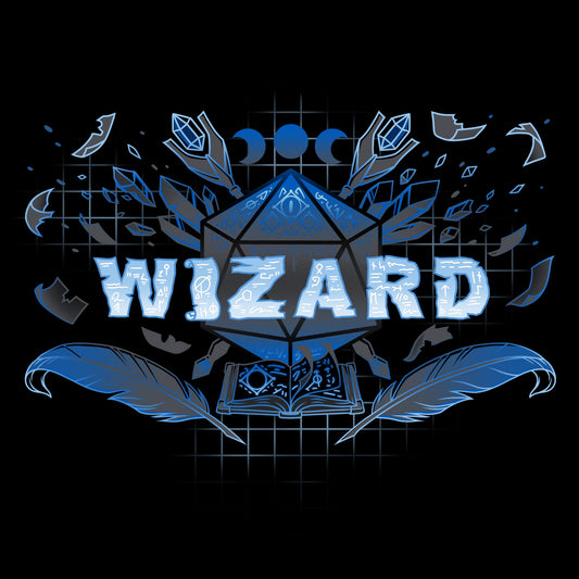 Premium Cotton T-shirt_TeeTurtle Wizard Class black t-shirt featuring the word wizard in blue with various symbols inside it, surrounded by wands, feathers, and gems. Behind it is a D20 dice above an open book.