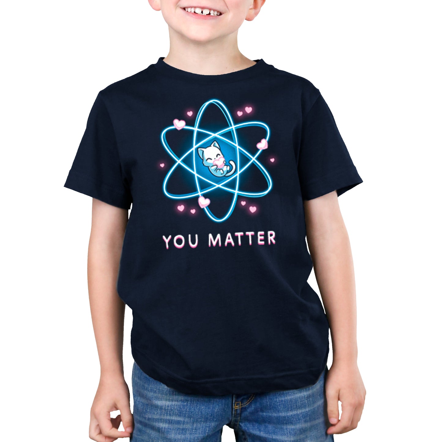 Premium Cotton T-shirt_TeeTurtle You Matter navy blue t-shirt featuring a cat hugging a heart, surrounded by an atomic structure.