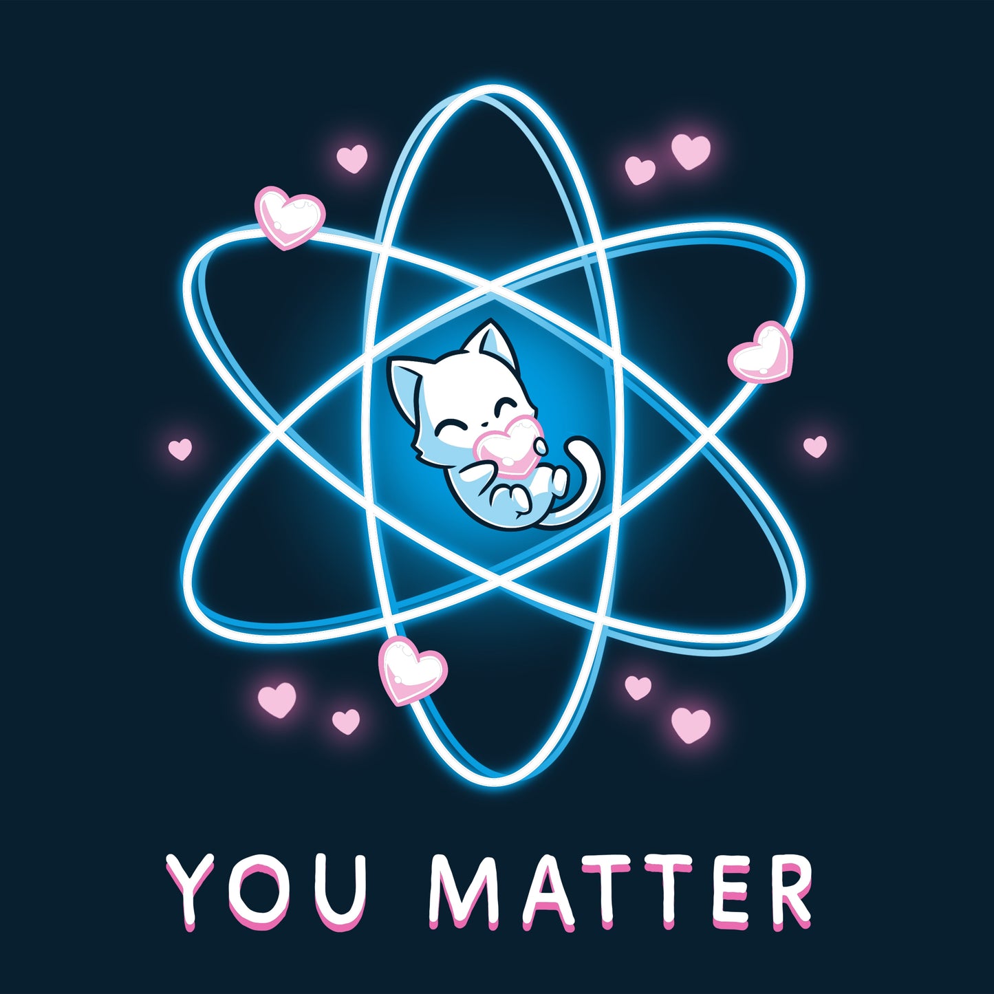 Premium Cotton T-shirt_TeeTurtle You Matter navy blue t-shirt featuring a cat hugging a heart, surrounded by an atomic structure.