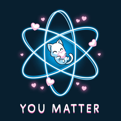 Premium Cotton T-shirt_TeeTurtle You Matter navy blue t-shirt featuring a cat hugging a heart, surrounded by an atomic structure.