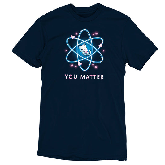 Premium Cotton T-shirt_TeeTurtle You Matter navy blue t-shirt featuring a cat hugging a heart, surrounded by an atomic structure.