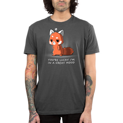 Premium Cotton T-shirt_TeeTurtle You're Lucky I'm in a Great Mood charcoal gray t-shirt featuring a sarcastic fox who is looking pretty grumpy.