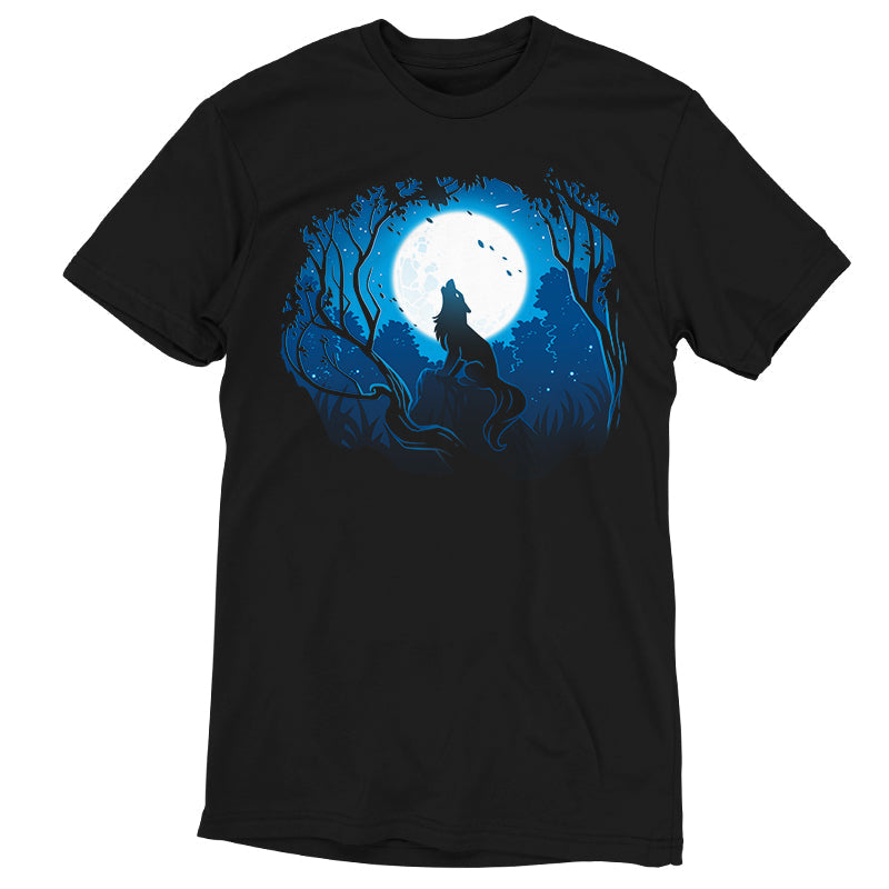 Premium Cotton T-shirt_TeeTurtle Moonlight Wolf black t-shirt featuring an artistic wolf howling at the full moon while sitting on a rock surrounded by trees.