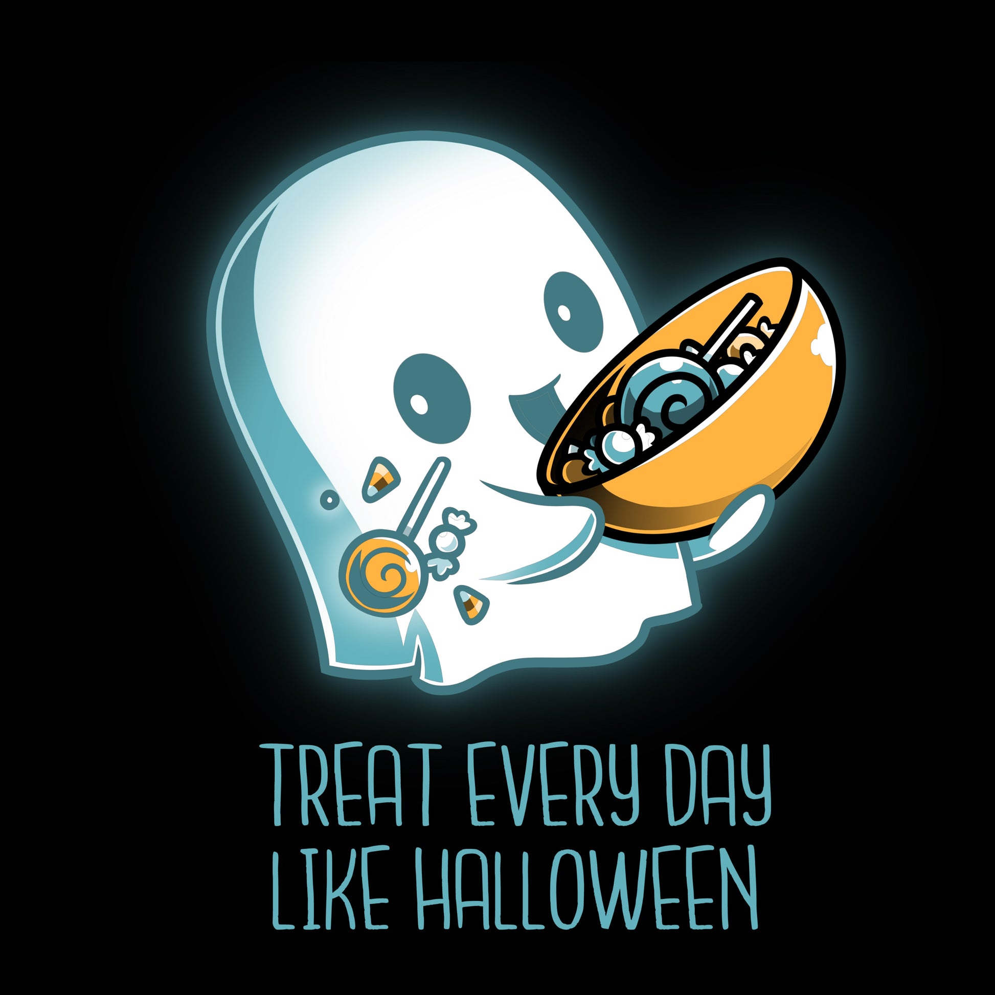 Premium Cotton T-shirt_Teeturtle Treat Every Day Like Halloween black t-shirt featuring a cute ghost with a bowl full of candy and the words 'Treat Every Day Like Halloween' beneath.