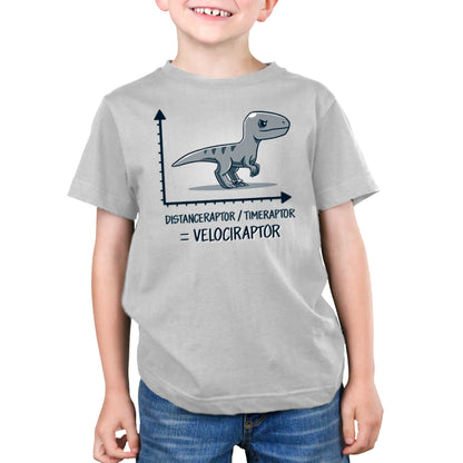 Premium Cotton T-shirt_Teeturtle Velociraptor silver gray t-shirt featuring a velociraptor positioned above a graph with the y-axis labeled 'Distanceraptor' and the x-axis labeled 'Timeraptor,' suggesting the equation 'Distanceraptor / Timeraptor = Velociraptor.'