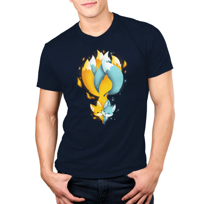 Premium Cotton T-shirt_TeeTurtle Tails of Fire and Ice navy blue t-shirt featuring an orange and blue kitsune with their tails interlocked with flames and ice sparkles surrounding them.