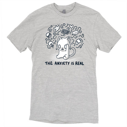 Premium Cotton T-shirt_Teeturtle The Anxiety is Real Silver Gray Featuring an anxious white cat holding its head while imagining all the various things it's anxious about with the image set above the words 'The Anxiety is Real'.