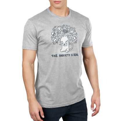 Premium Cotton T-shirt_Teeturtle The Anxiety is Real Silver Gray Featuring an anxious white cat holding its head while imagining all the various things it's anxious about with the image set above the words 'The Anxiety is Real'.