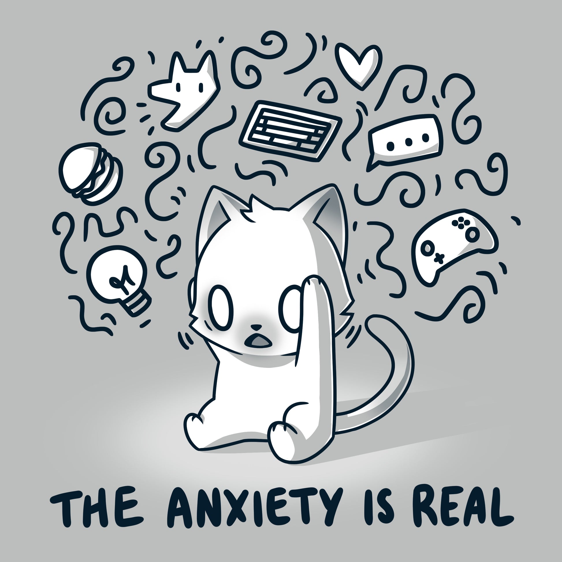 Premium Cotton T-shirt_Teeturtle The Anxiety is Real Silver Gray Featuring an anxious white cat holding its head while imagining all the various things it's anxious about with the image set above the words 'The Anxiety is Real'.