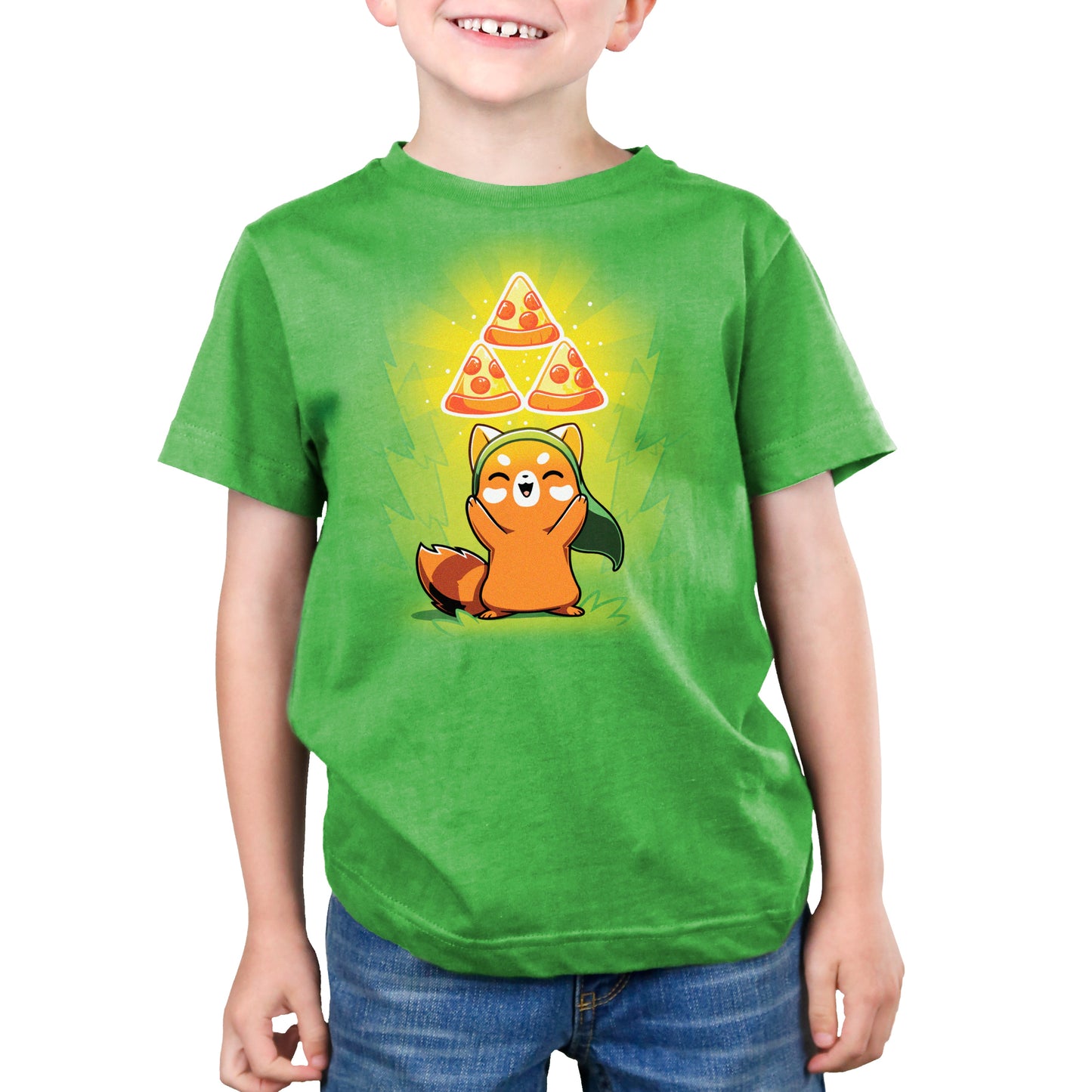 Premium Cotton T-shirt_Teeturtle The Power of Pizza apple green t-shirt featuring a fox smiling and raising its hands. Floating above its head are three glowing slices of pepperoni pizza in a triangular formation. 