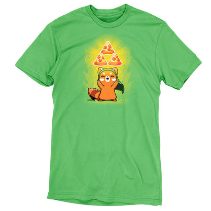 Premium Cotton T-shirt_Teeturtle The Power of Pizza apple green t-shirt featuring a fox smiling and raising its hands. Floating above its head are three glowing slices of pepperoni pizza in a triangular formation. 