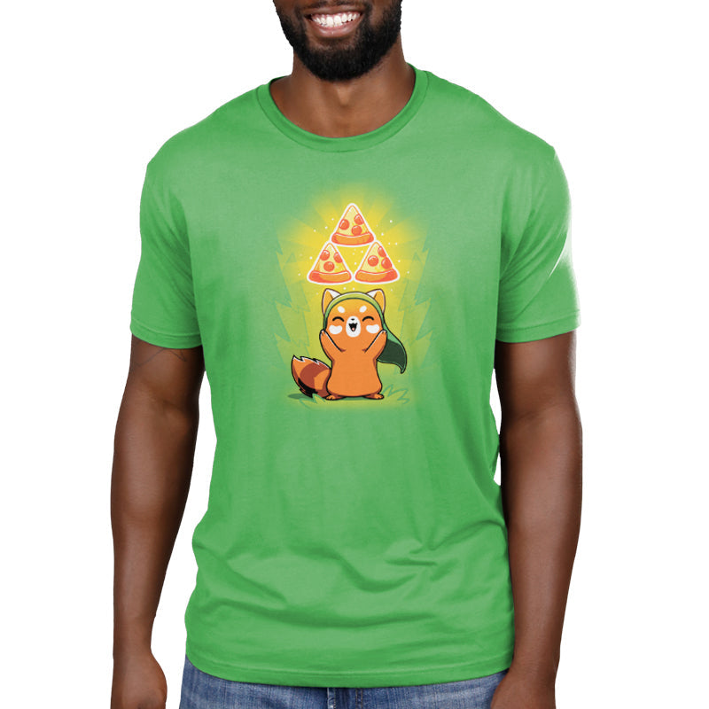 Premium Cotton T-shirt_Teeturtle The Power of Pizza apple green t-shirt featuring a fox smiling and raising its hands. Floating above its head are three glowing slices of pepperoni pizza in a triangular formation. 