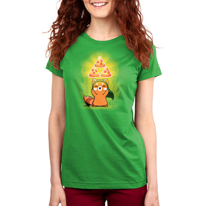 Premium Cotton T-shirt_Teeturtle The Power of Pizza apple green t-shirt featuring a fox smiling and raising its hands. Floating above its head are three glowing slices of pepperoni pizza in a triangular formation. 