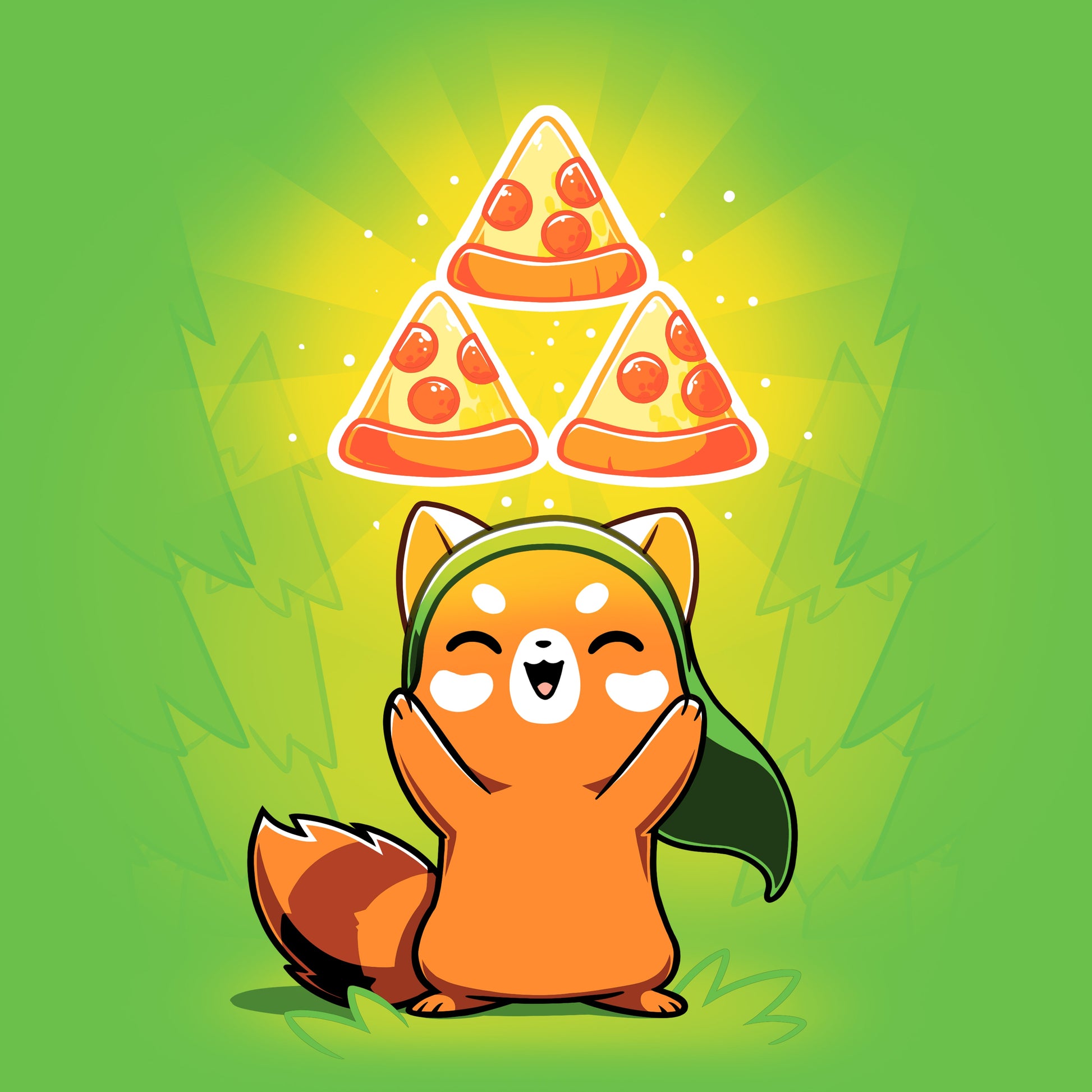 Premium Cotton T-shirt_Teeturtle The Power of Pizza apple green t-shirt featuring a fox smiling and raising its hands. Floating above its head are three glowing slices of pepperoni pizza in a triangular formation. 