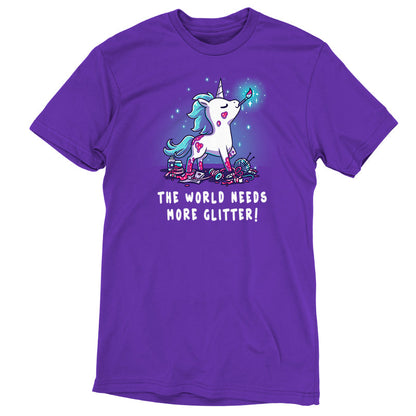 Premium Cotton T-shirt_TeeTurtle The World Needs More Glitter Purple t-shirt featuring a white unicorn holing a paint brush in it's mouth with a blue mane and tail, standing proudly above an assortment of craft supplies. It's covered with patches of pink glitter, one of which is shaped like a heart. Beneath it are the words "THE WORLD NEEDS MORE GLITTER!"