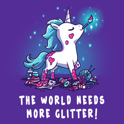 Premium Cotton T-shirt_TeeTurtle The World Needs More Glitter Purple t-shirt featuring a white unicorn holing a paint brush in it's mouth with a blue mane and tail, standing proudly above an assortment of craft supplies. It's covered with patches of pink glitter, one of which is shaped like a heart. Beneath it are the words "THE WORLD NEEDS MORE GLITTER!"