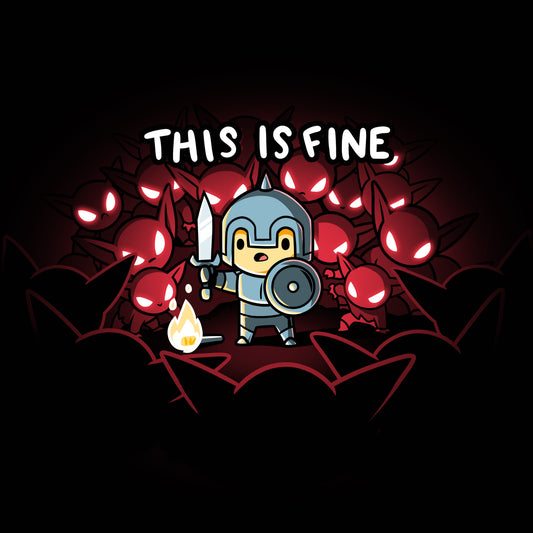 Premium Cotton T-shirt_Teeturtle This is Fine black t-shirt featuring a knight in armor standing with a sword and shield next to a small fire, surrounded by red-eyed creatures. Text above reads 