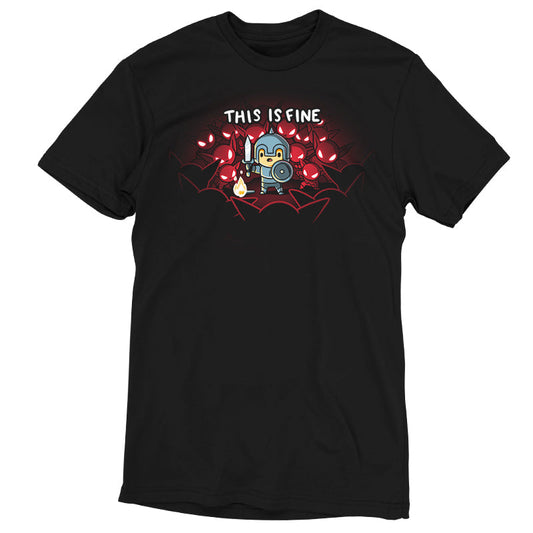 Premium Cotton T-shirt_Teeturtle This is Fine black t-shirt featuring a knight in armor standing with a sword and shield next to a small fire, surrounded by red-eyed creatures. Text above reads 