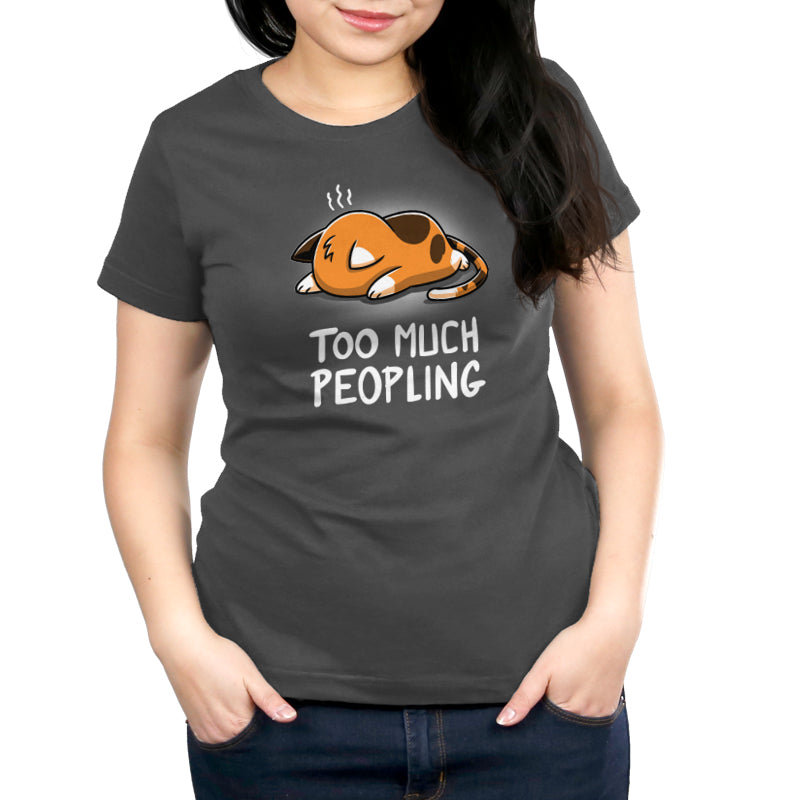 Premium Cotton T-shirt_TeeTurtle Too Much Peopling charcoal grey t-shirt featuring a cat lying face down exhausted.