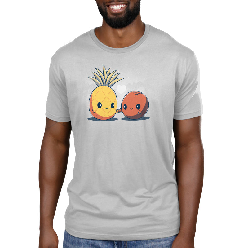 Premium Cotton T-shirt_Teeturtle Tropical Love silver gray t-shirt featuring a cute pineapple and a coconut holding hands with a heart above them.