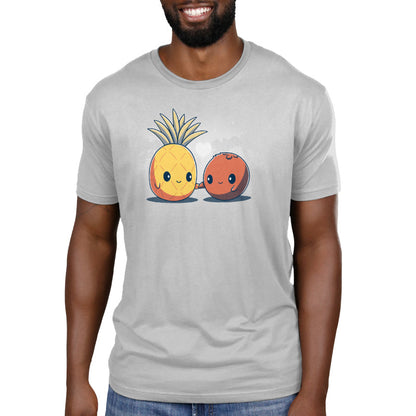 Premium Cotton T-shirt_Teeturtle Tropical Love silver gray t-shirt featuring a cute pineapple and a coconut holding hands with a heart above them.