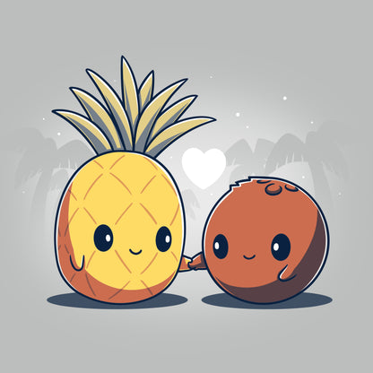 Premium Cotton T-shirt_Teeturtle Tropical Love silver gray t-shirt featuring a cute pineapple and a coconut holding hands with a heart above them.