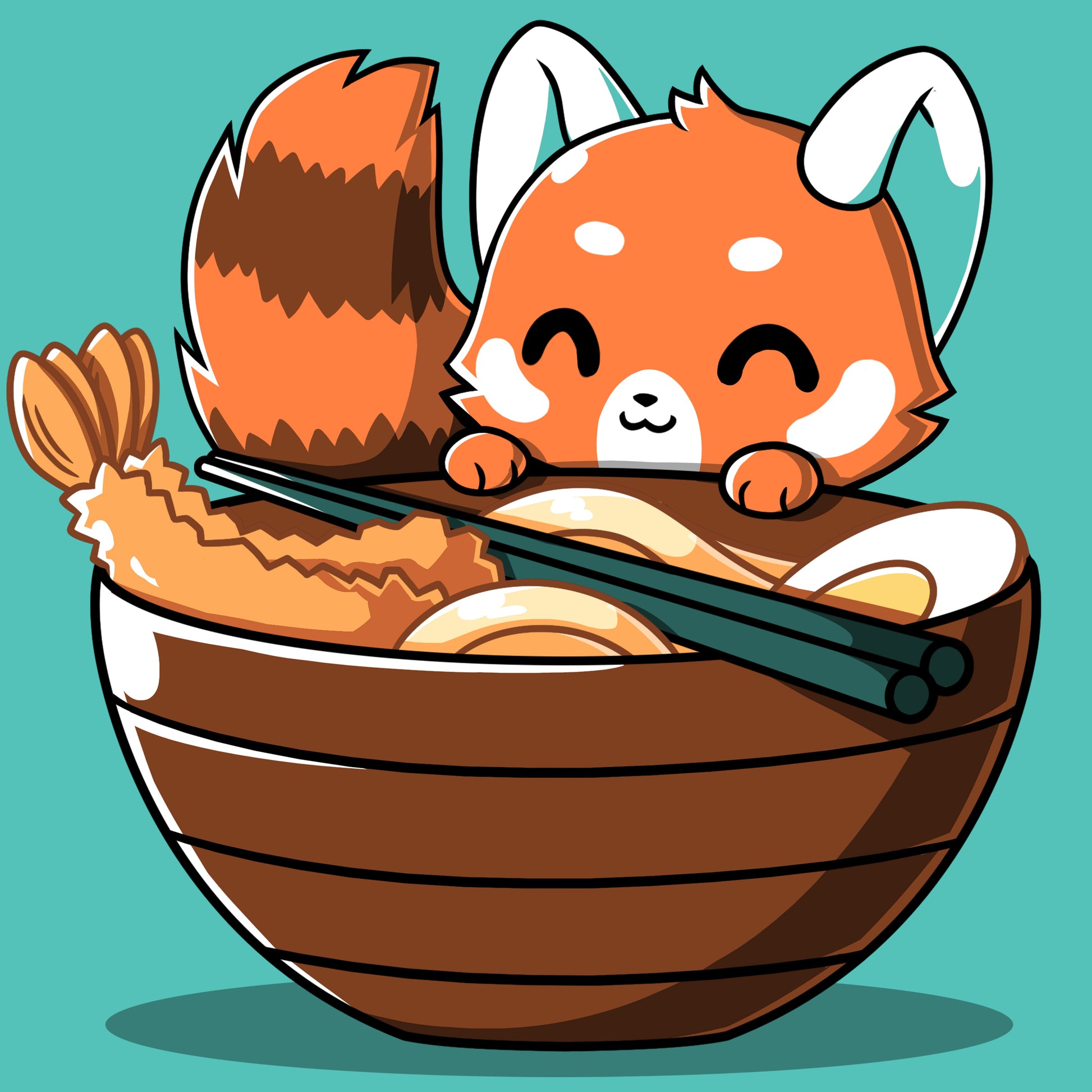 Premium Cotton T-shirt_Teeturtle Udon Red Panda caribbean blue t-shirt featuring a happy red panda peeking over the edge of a bowl of udon noodles with shrimp, egg and chopsticks.