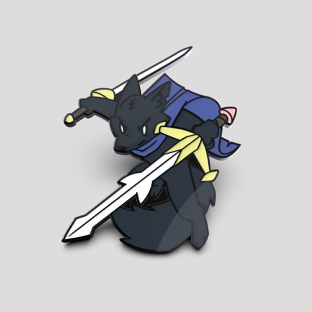 A black wolf with two swords on a white background, perfect for TeeTurtle Warrior Pin enthusiasts.