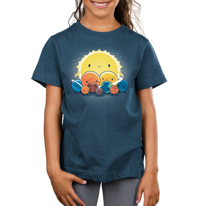 Premium Cotton T-shirt_Teeturtle We Still Love You, Pluto denim t-shirt featuring an illustration of the solar system with a smiling face on the Sun and different planets gathered together.