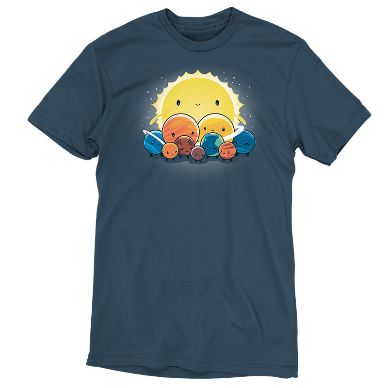 Premium Cotton T-shirt_Teeturtle We Still Love You, Pluto denim t-shirt featuring an illustration of the solar system with a smiling face on the Sun and different planets gathered together.