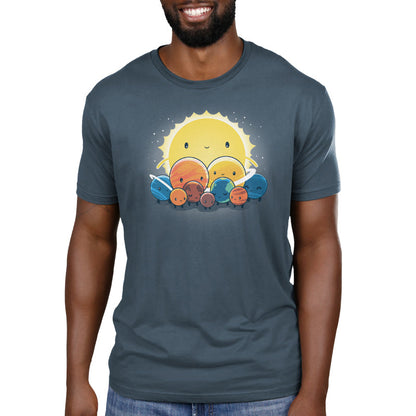 Premium Cotton T-shirt_Teeturtle We Still Love You, Pluto denim t-shirt featuring an illustration of the solar system with a smiling face on the Sun and different planets gathered together.