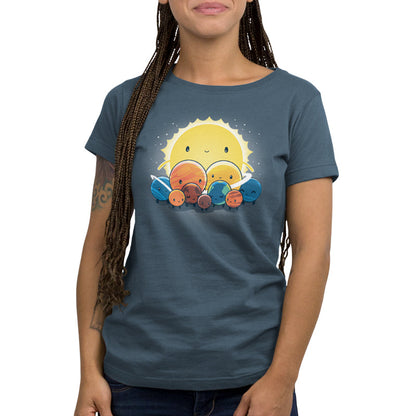 Premium Cotton T-shirt_Teeturtle We Still Love You, Pluto denim t-shirt featuring an illustration of the solar system with a smiling face on the Sun and different planets gathered together.