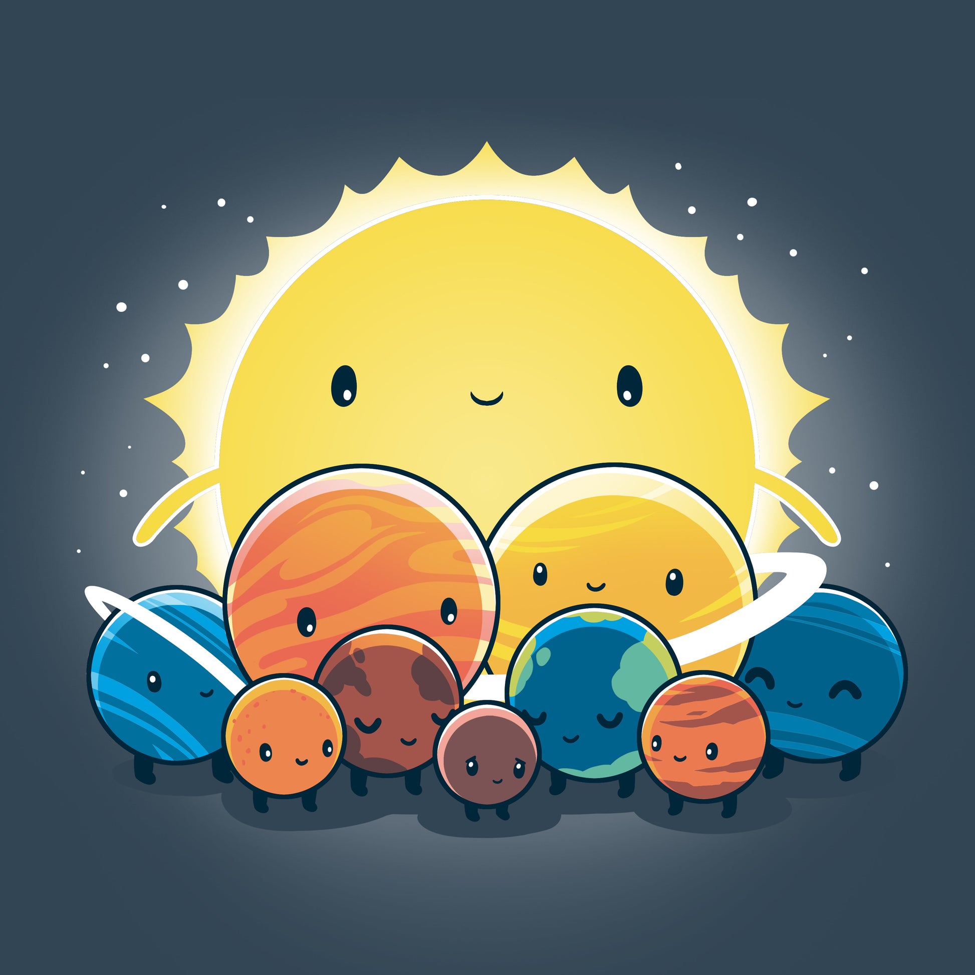 Premium Cotton T-shirt_Teeturtle We Still Love You, Pluto denim t-shirt featuring an illustration of the solar system with a smiling face on the Sun and different planets gathered together.