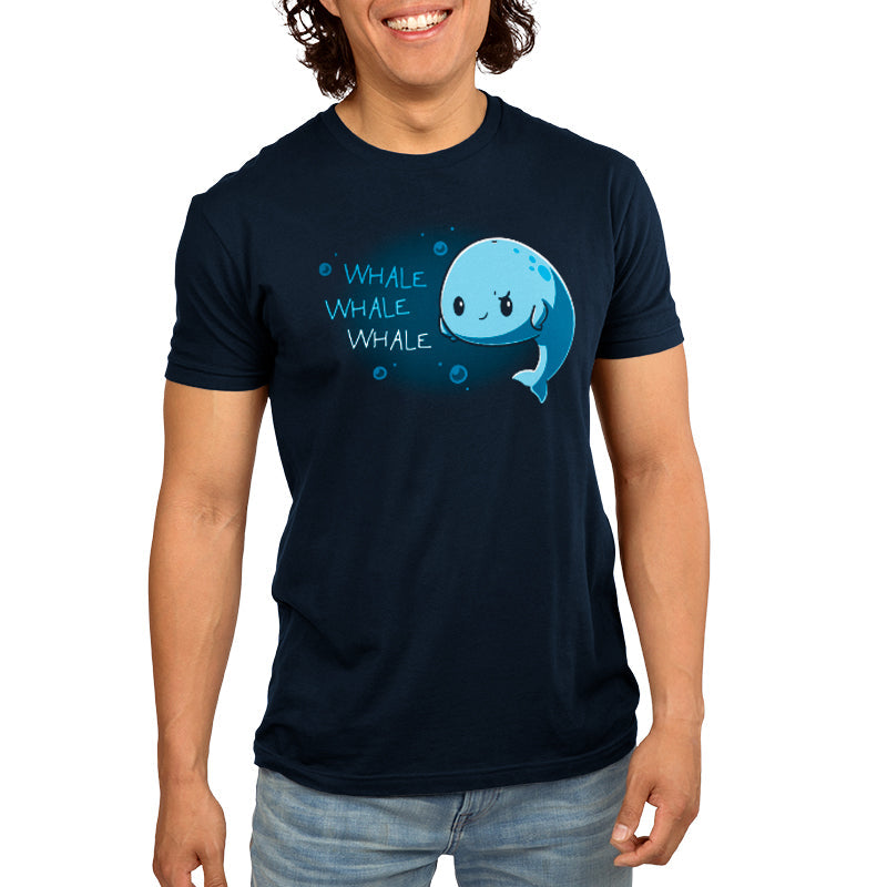 Premium Cotton T-shirt_Teeturtle Whale Whale Whale navy blue t-shirt featuring a cute, smug whale floating in the ocean with their fins on their sides with 'Whale, Whale, Whale.' written next to them.