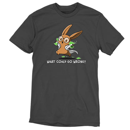 Premium Cotton T-shirt_TeeTurtle What Could Go Wrong? charcoal gray t-shirt featuring  cartoon rabbit wearing glasses and a lab coat, holding two green, bubbling beakers.