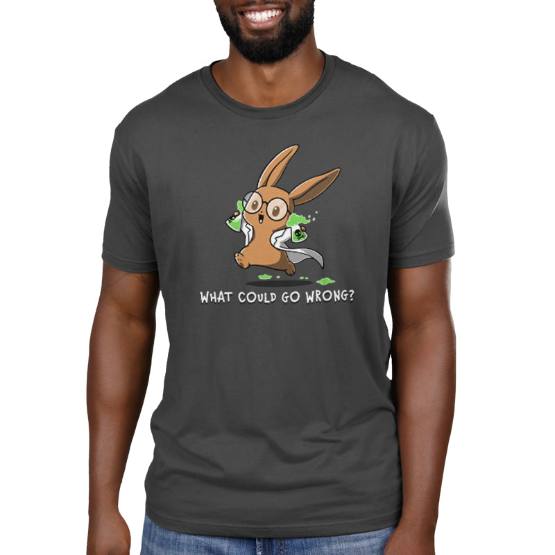 Premium Cotton T-shirt_TeeTurtle What Could Go Wrong? charcoal gray t-shirt featuring  cartoon rabbit wearing glasses and a lab coat, holding two green, bubbling beakers.