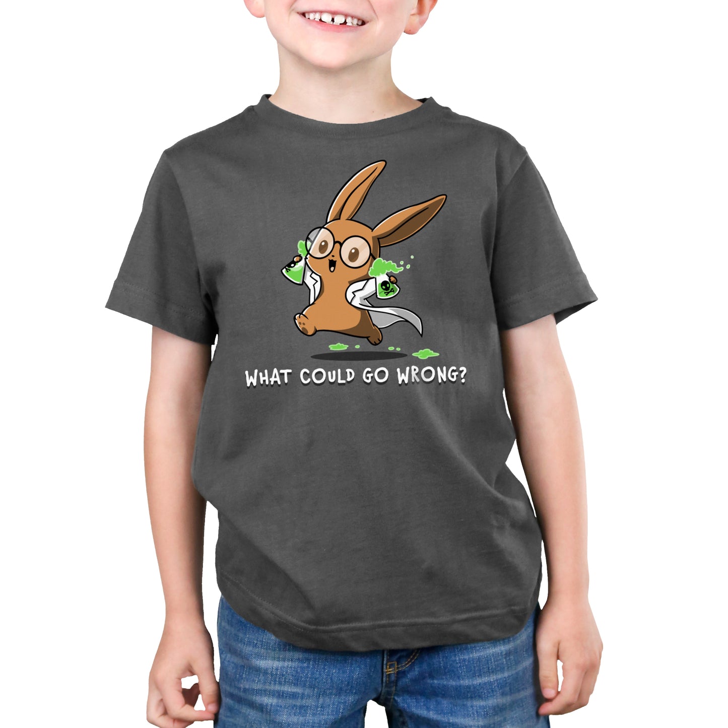 Premium Cotton T-shirt_TeeTurtle What Could Go Wrong? charcoal gray t-shirt featuring  cartoon rabbit wearing glasses and a lab coat, holding two green, bubbling beakers.